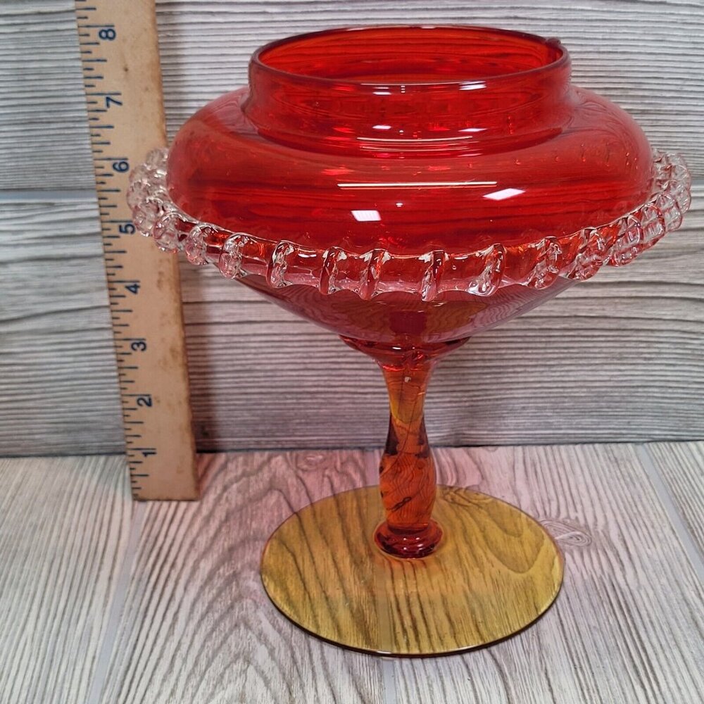 Vintage Ruby Red‎ Art Glass Pedestal Compote Bowl Clear Ruffled Edge 7.5 Inch - Picture 12 of 13